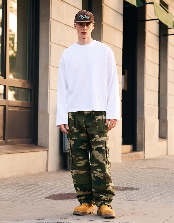 Bershka Pantalón Baggy Cargo Hombre L Kaki