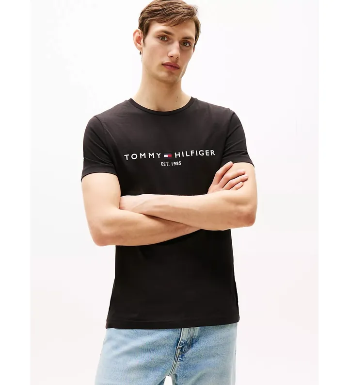 Tommy Hilfiger para hombre. MW0MW11465 Camiseta con logo negro (S), Casual, Elastano, Manga corta, Algodón Orgánico