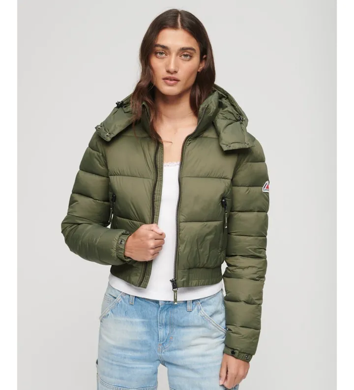 Superdry para mujer. W5011682A Chaqueta corta con capucha Fuji verde (L), Casual, Nylon