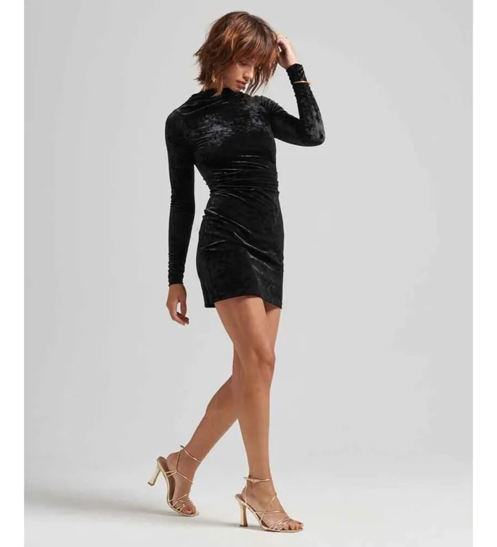 Superdry para mujer. W8011367A Minivestido de manga larga de terciopelo negro (L), Fiesta, Poliéster