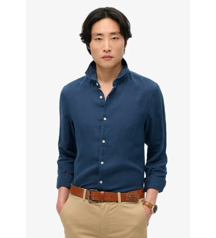Superdry para hombre. M4010995A Camisa de lino Vacation marino (S), Casual, Manga larga