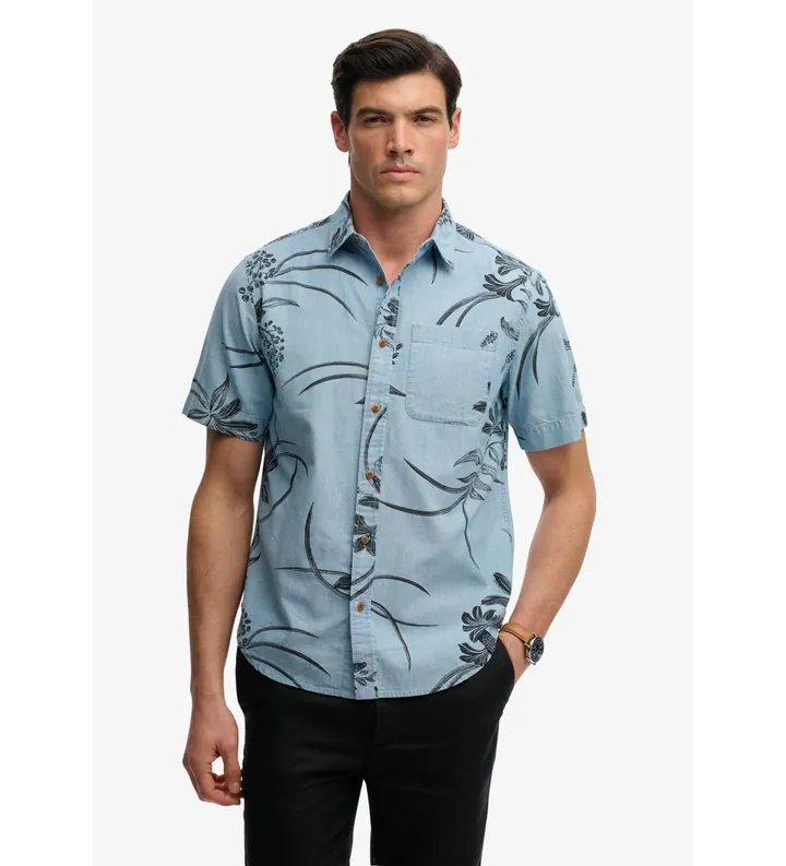 Superdry para hombre. M4011129A Camisa Vintage Loom manga corta azul (L), Casual, Algodón