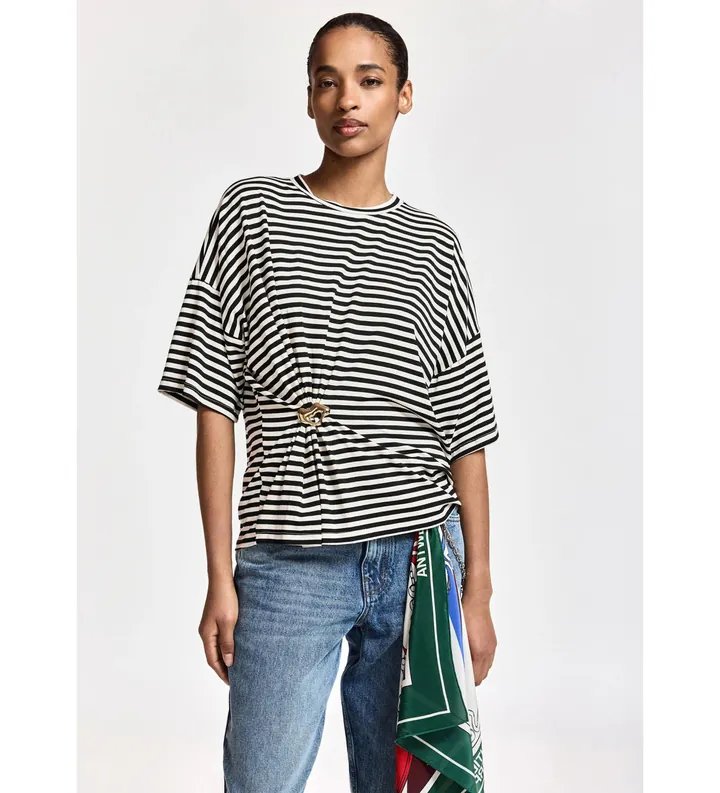 Essentiel Antwerp para mujer. KRISS Camiseta a rayas con broche blanco, negro (M), Casual, Viscosa, Manga corta