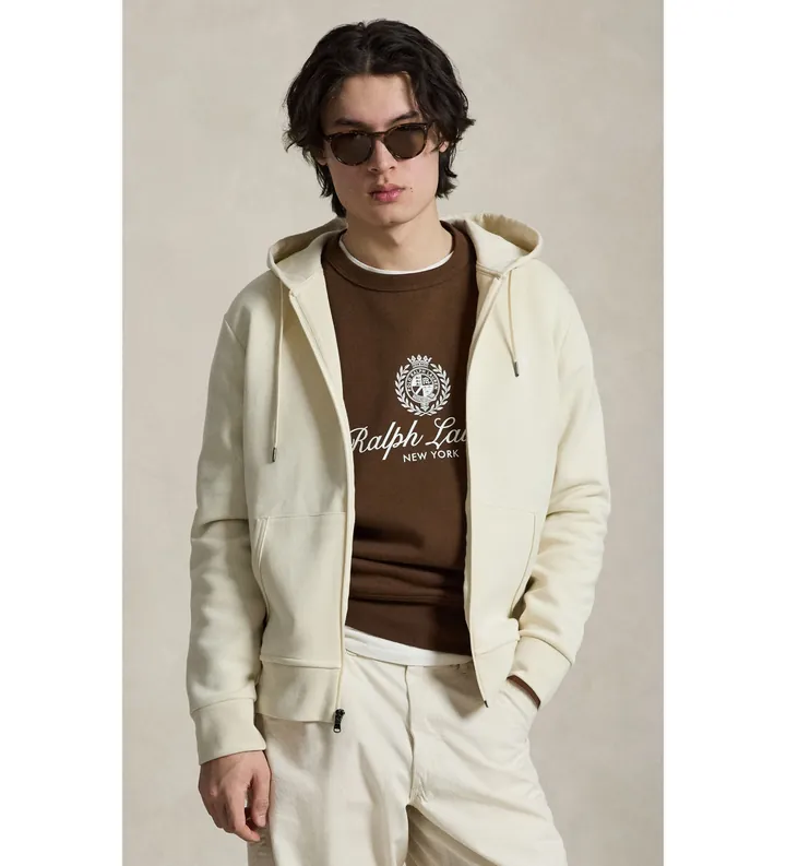 Polo Ralph Lauren para hombre. 710881517510 Sudadera de punto doble y cremallera beige (L), Casual, Algodón, Manga larga