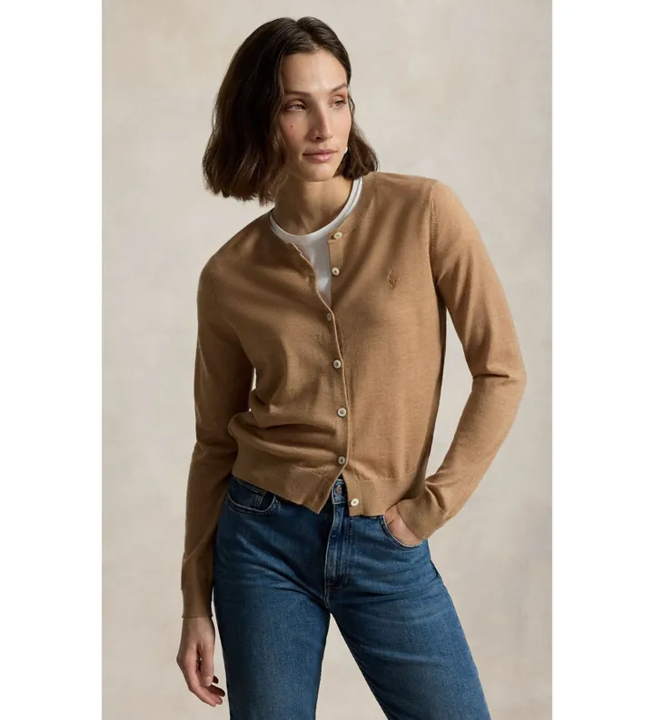 Polo Ralph Lauren para mujer. 211A99832004 Cárdigan de lana con cuello redondo beige (L), Marrón, Casual