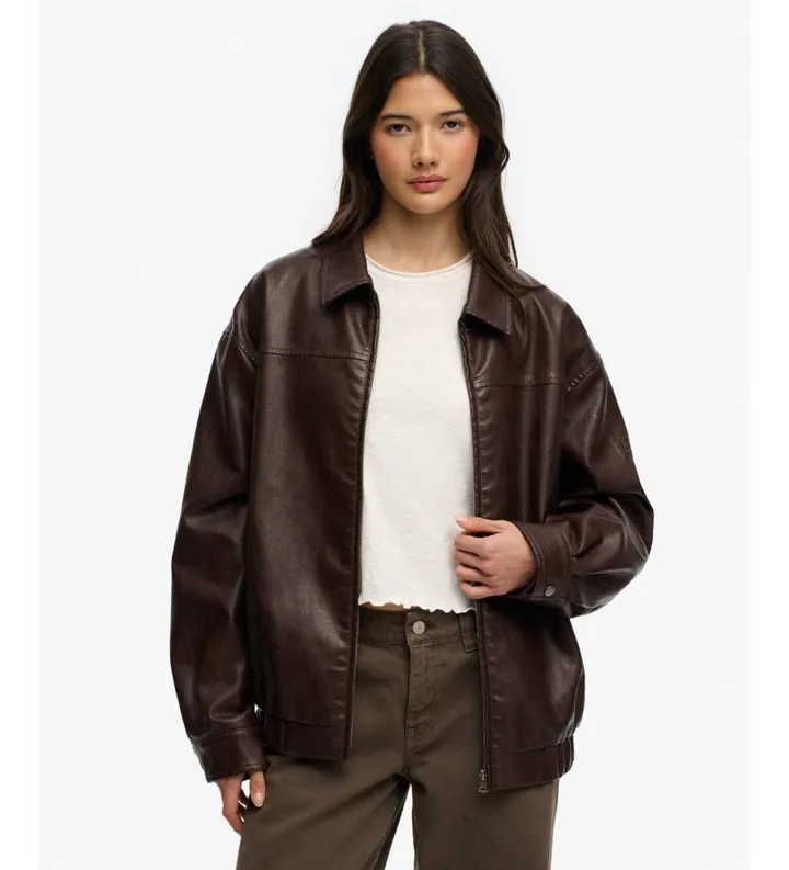 Superdry para mujer. W5012158A Cazadora de piel Collared Oversized marrón (L), Casual, Poliéster