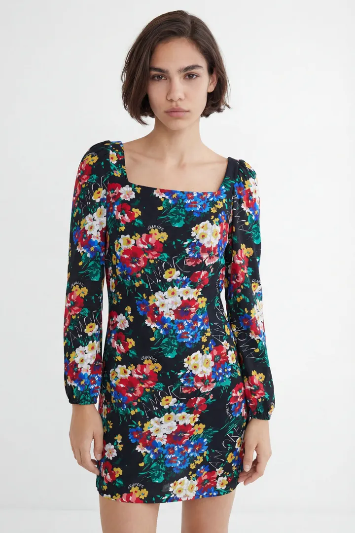 Desigual, Vestido corto slim escote cuadrado, Viscosa, L