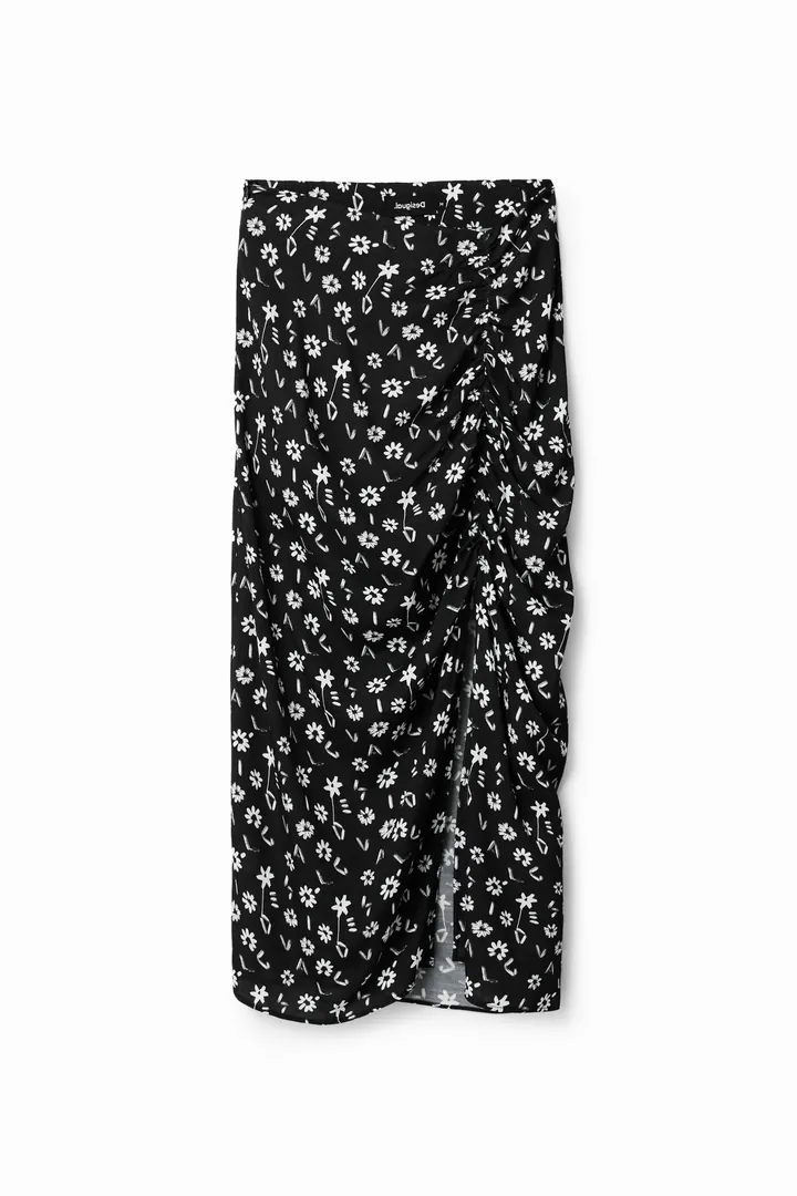 Desigual, Falda midi abertura flores, Viscosa, Negro, L