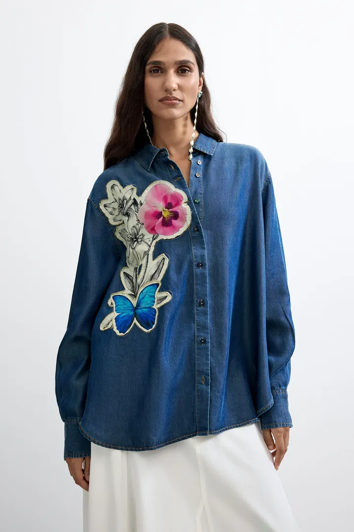 Desigual, Camisa Bordada Flores, Mujer, Lyocell, Rojo, L
