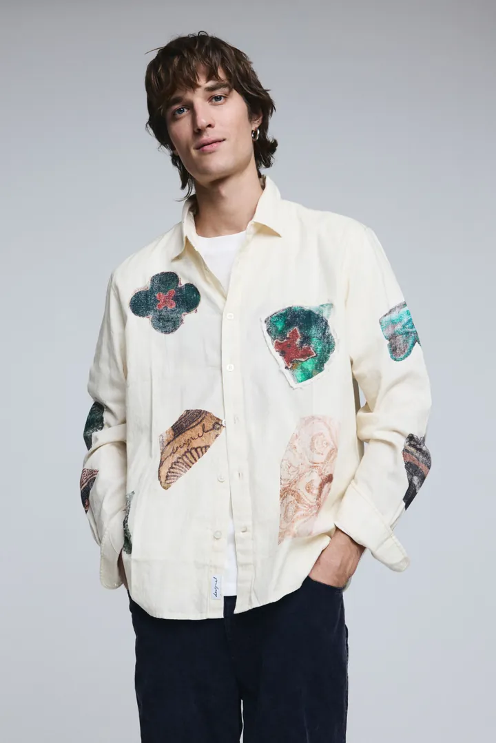 Desigual, Camisa mosaico patch, Hombre, Algodon, Blanco, L