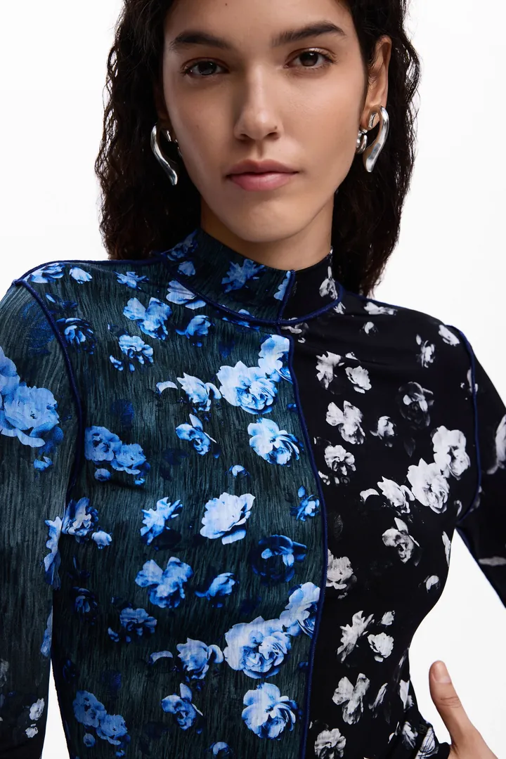 Desigual, Camiseta bicolor floral, Mujer, Viscosa, Negro, L