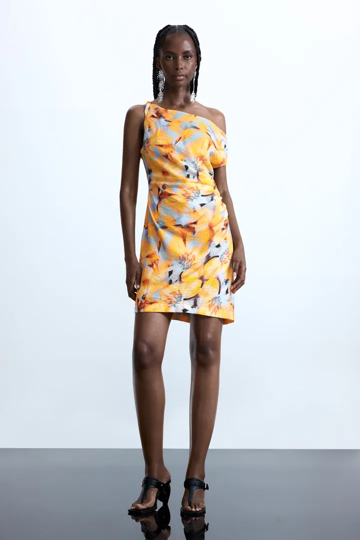 Desigual, Vestido asimétrico flores, Mujer, Naranja, L