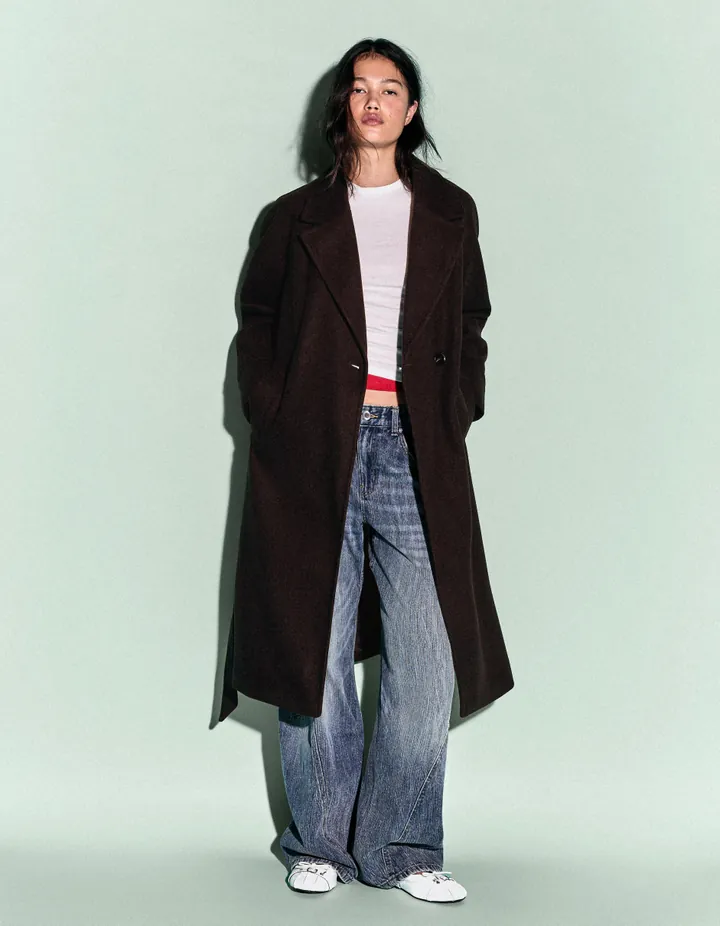 Bershka Abrigo Largo Soft Cinturón Mujer L Marrón