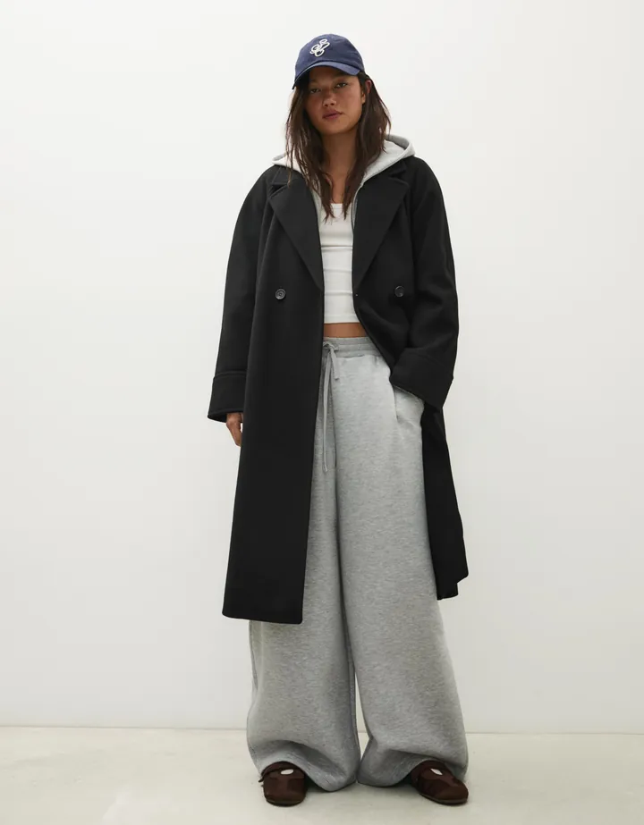 Bershka Abrigo Largo Soft Cinturón Mujer L Negro