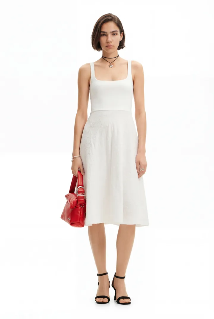Desigual, Vestido midi evasé, Algodon, Blanco, L