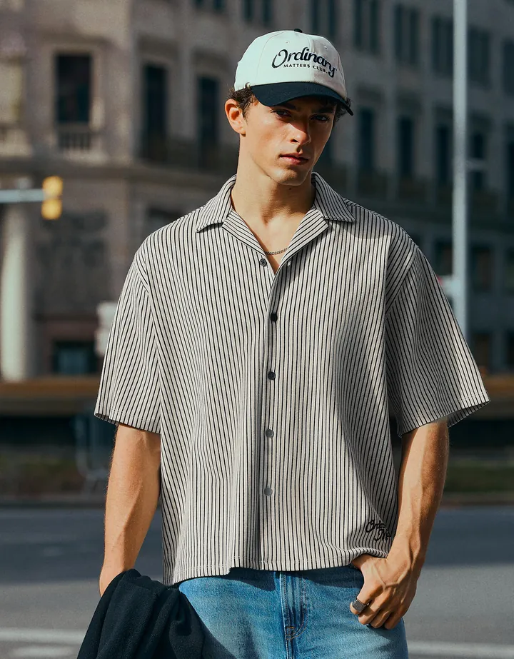 Bershka Camisa Manga Corta Boxy Print Hombre L Marino