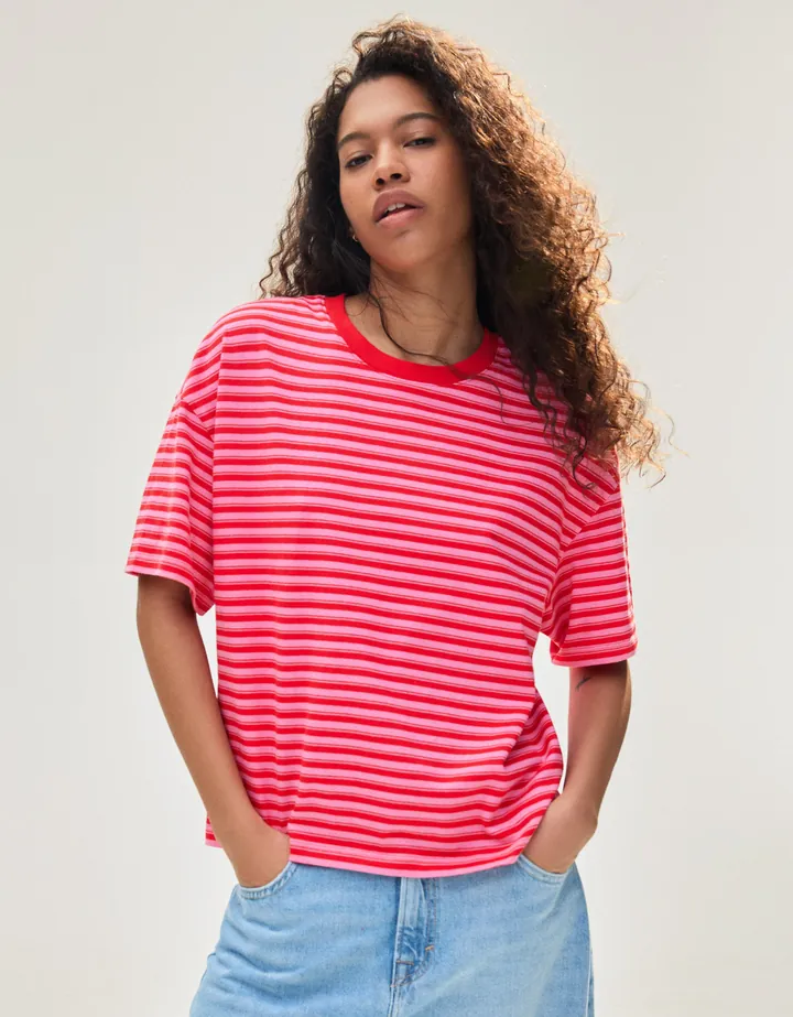 Bershka Camiseta Boxy Fit Rayas Mujer L Rosa