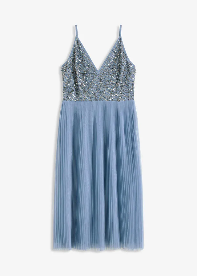 Vestido midi con falda plisada y bordado de lentejuelas