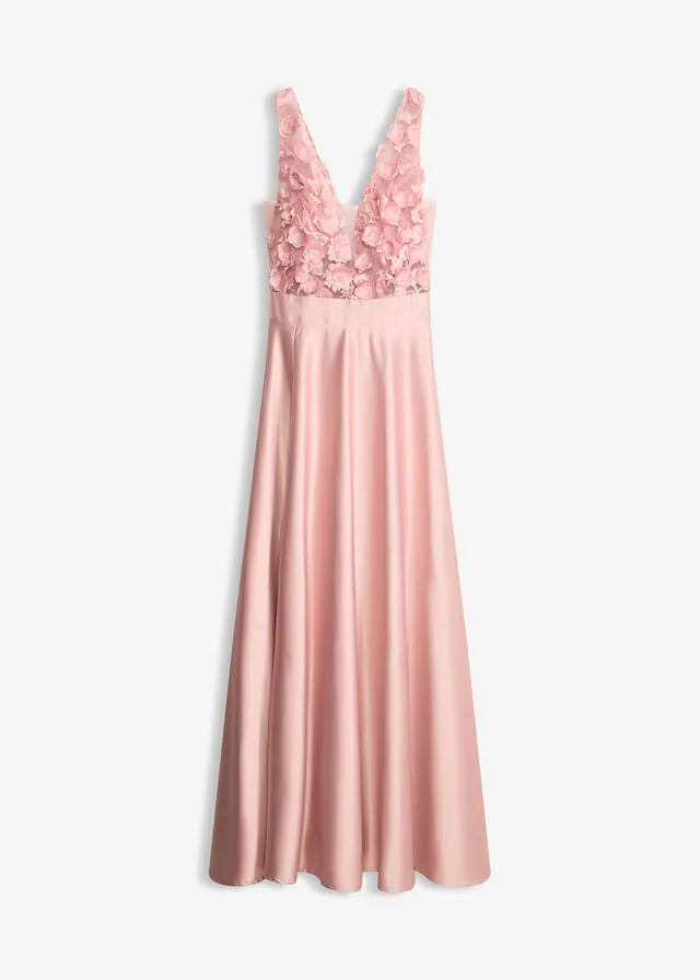 Vestido de noche de satén brillante con aplicaciones de flores