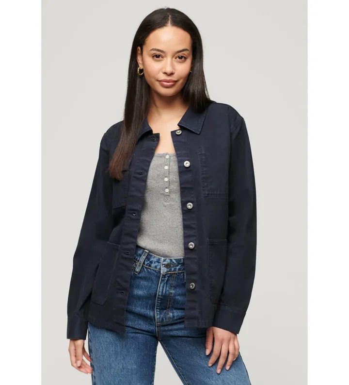 Superdry para mujer. W5011711A Cazadora de lona Chore marino (L), Casual, Algodón, Manga larga