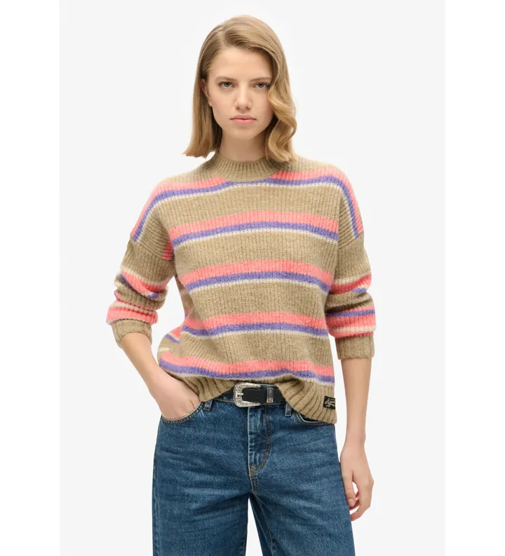 Superdry para mujer. W6110584A Jersey de rayas con cuello redondo beige (L), Casual, Acrílico