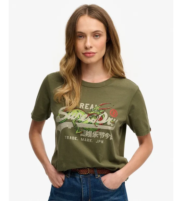 Superdry para mujer. W1011772A Camiseta Tokyo Vintage verde (L), Casual, Algodón, Manga corta