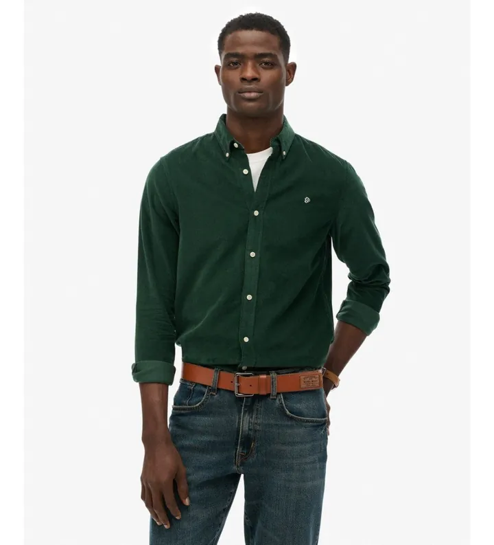 Superdry para hombre. M4011044A Camisa Classic Needle Cord verde (S), Casual, Algodón, Clásico, Manga larga