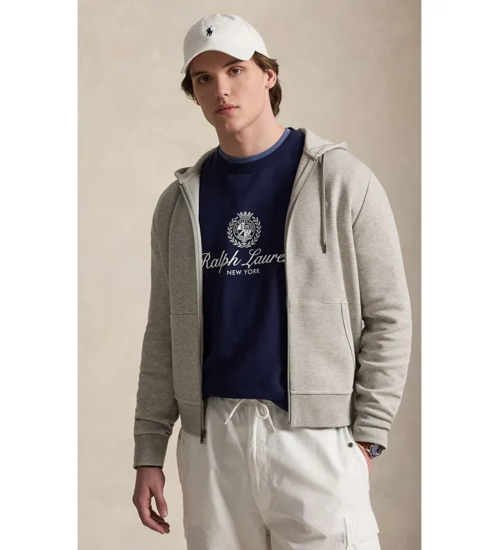 Polo Ralph Lauren para hombre. 710881517513 Sudadera de punto doble y cremallera gris (L), Casual, Algodón, Manga larga