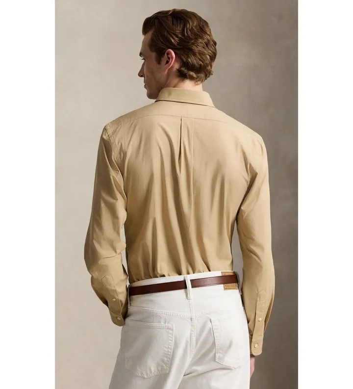 Polo Ralph Lauren para hombre. 710929349503 Camisa de popelina elástica Custom Fit beige (L), Casual, Algodón, Manga larga