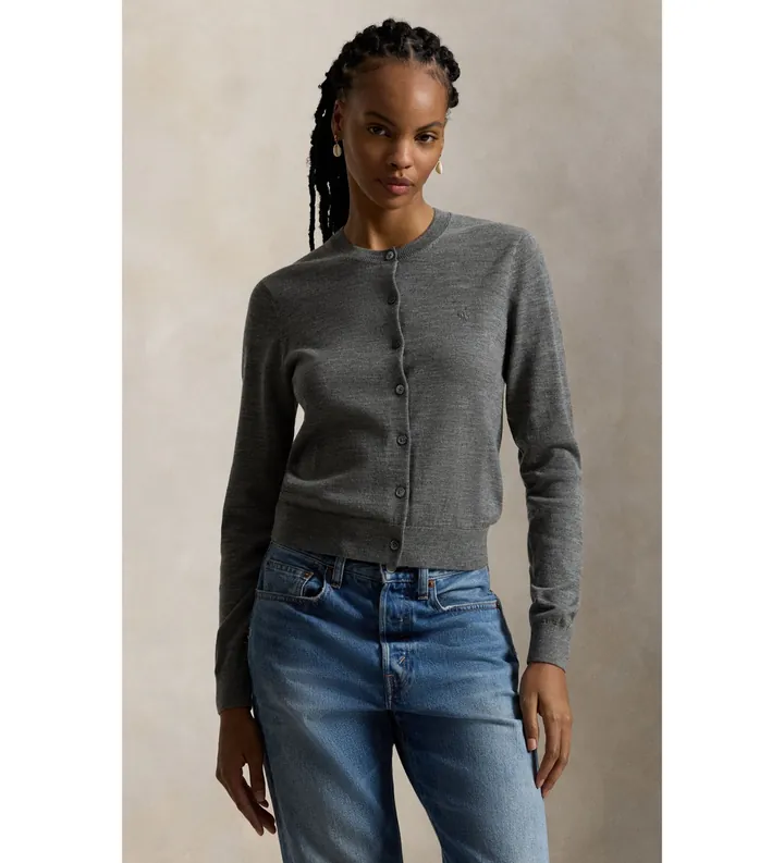 Polo Ralph Lauren para mujer. 211A99832002 Cárdigan de lana con cuello redondo gris (L), Casual