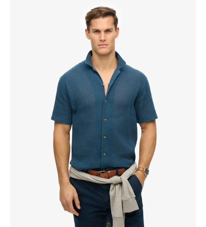 Superdry para hombre. M4011058A Camisa Texture marino (L), Casual, Algodón, Manga corta