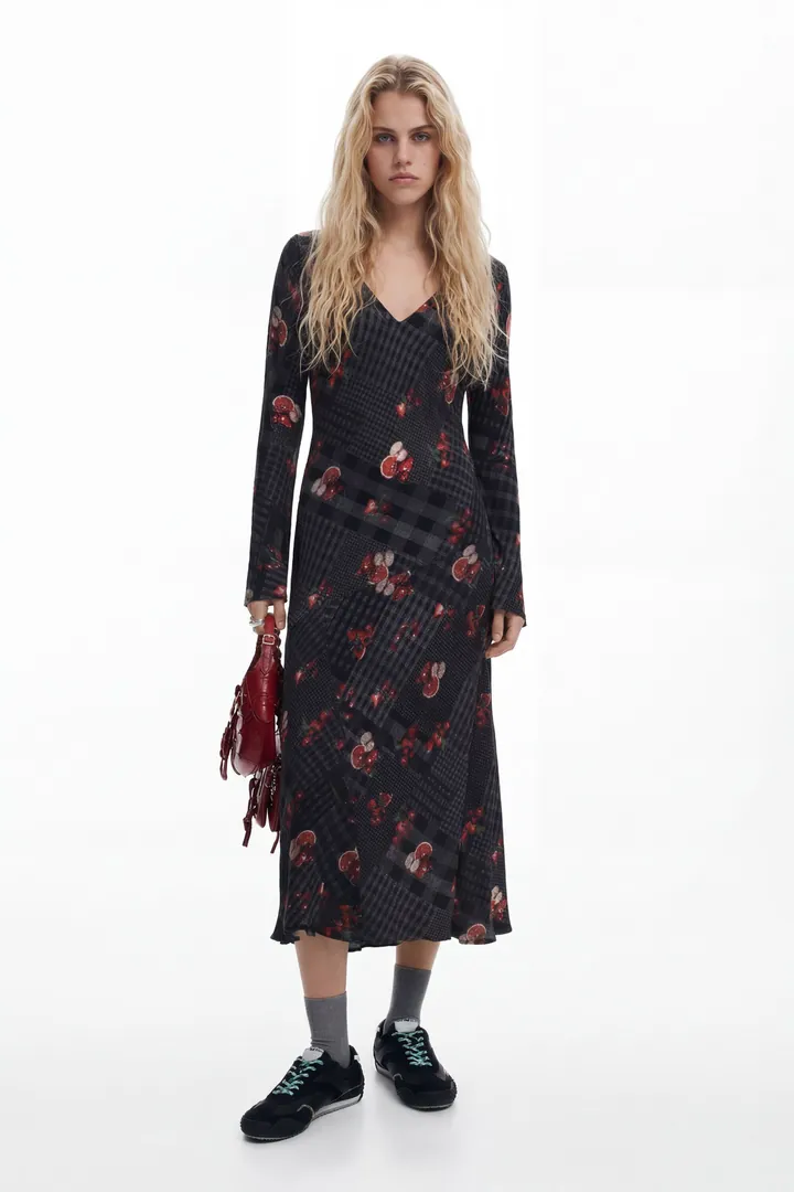 Desigual, Vestido midi cuadros, Viscosa, Negro, L