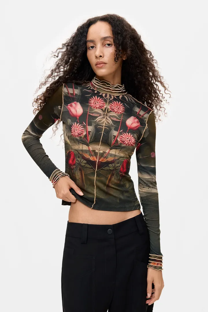 Desigual, Camiseta Estampada Cuello Alto, Mujer, Viscosa, Negro, L