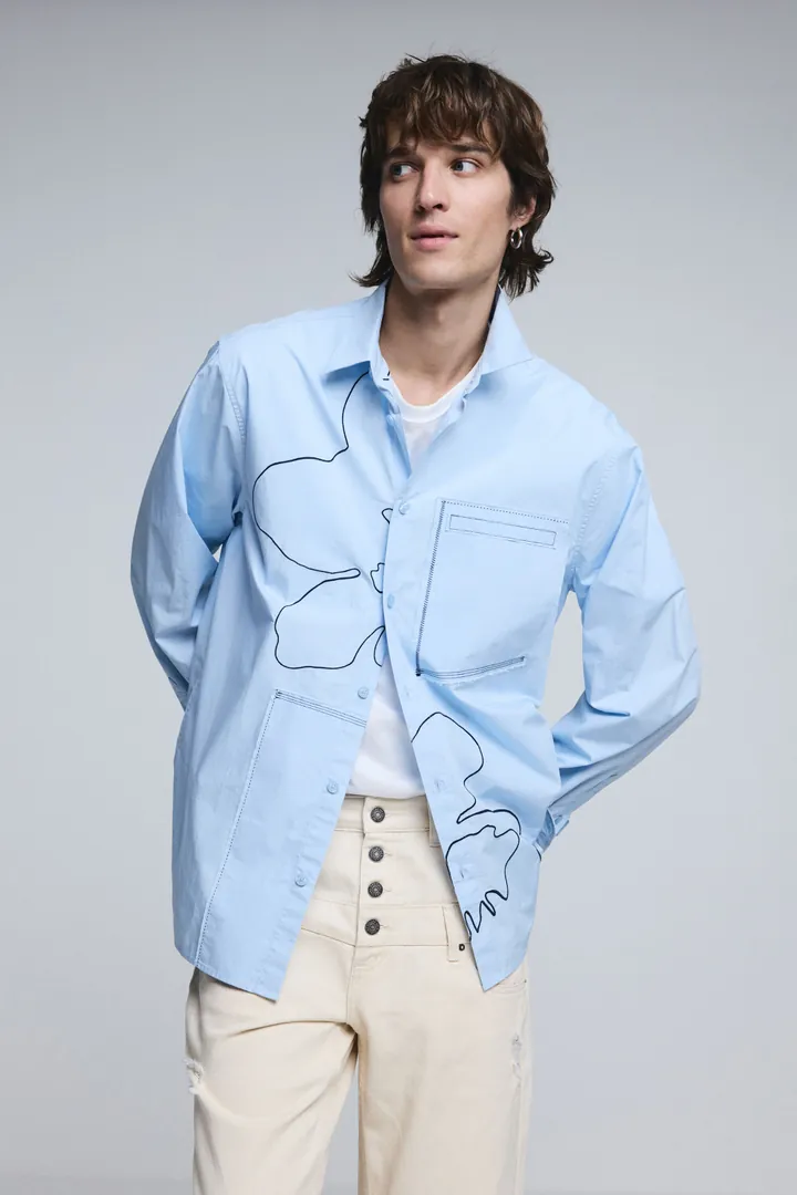 Desigual, Camisa pespunte bordado, Hombre, Algodon, Azul, L