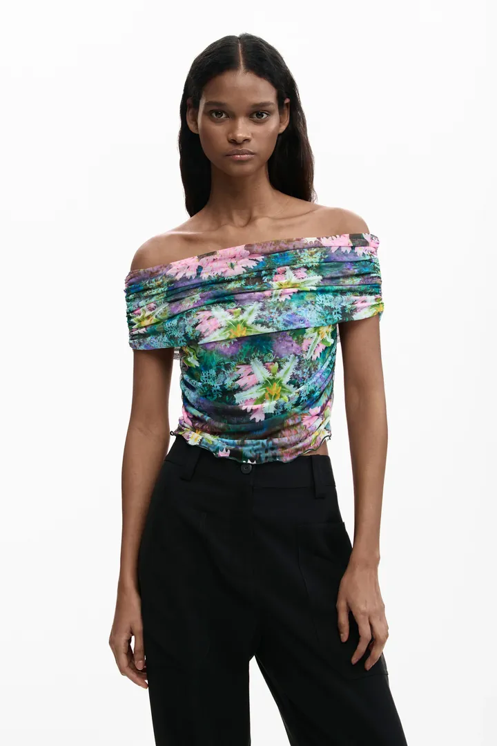 Desigual, Top flores cuello barco, Mujer, Poliester, Verde, L