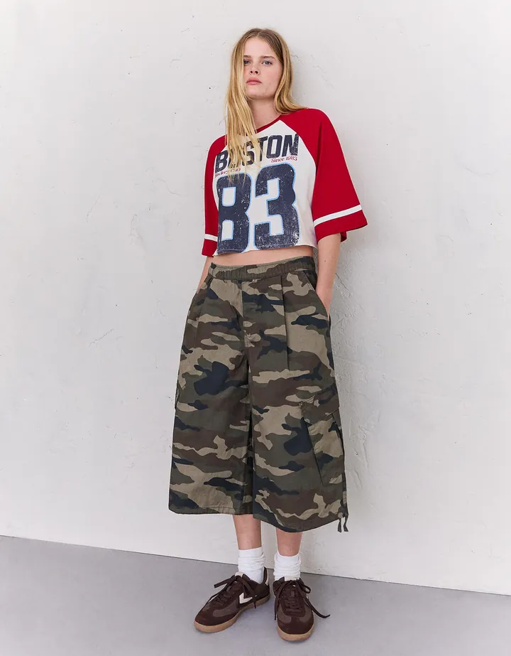 Bershka Camiseta Manga Corta Ranglan Print Mujer L Blanco