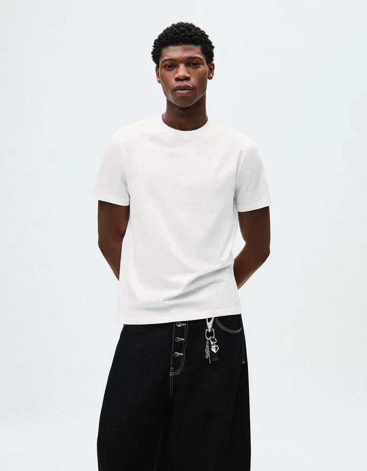 Bershka Camiseta Regular Fit Hombre L Blanco