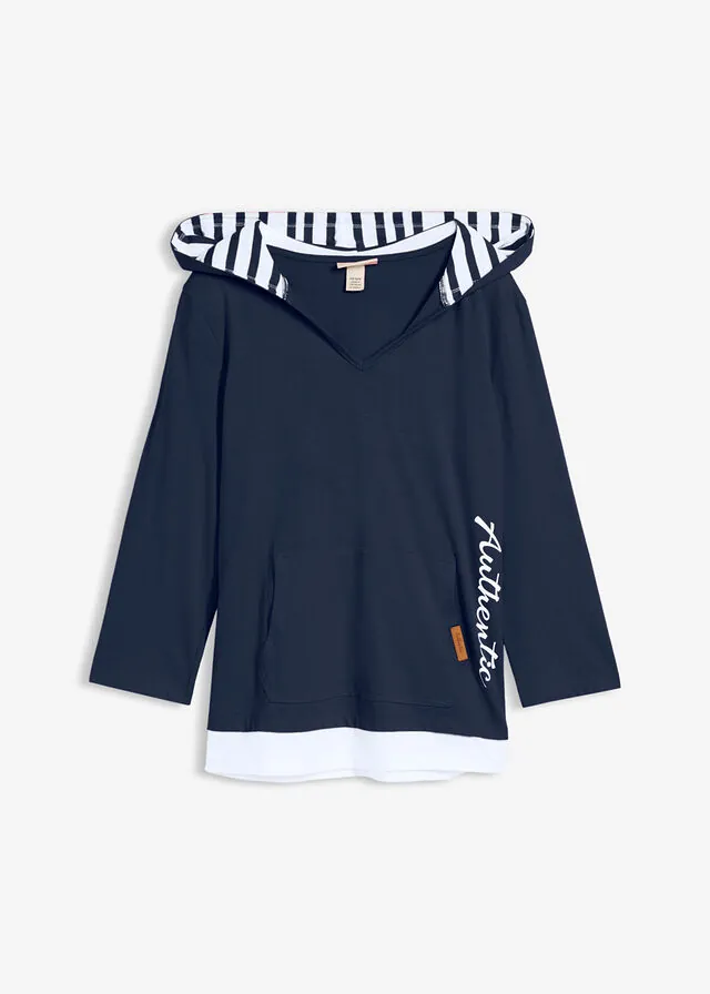 Camiseta con capucha de algodón puro con mangas 3/4