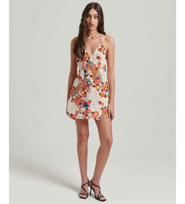 Superdry para mujer. W8011400A Minivestido lencero estampado blanco (L), Casual, Viscosa, Sin mangas / Tirantes