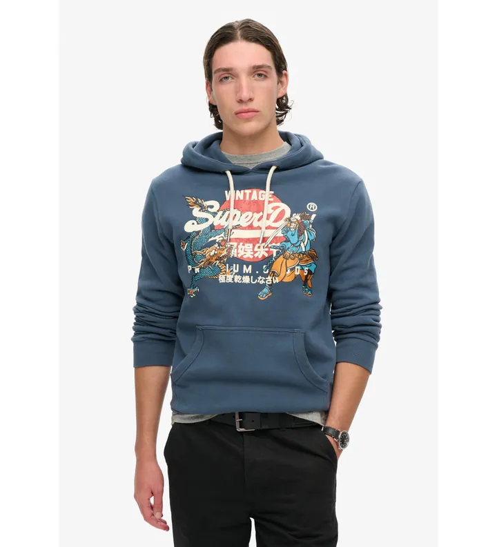 Superdry para hombre. M2013702A Sudadera gráfica con capucha y logotipo Tokyo Vintage azul (L), Casual, Algodón, Sostenible