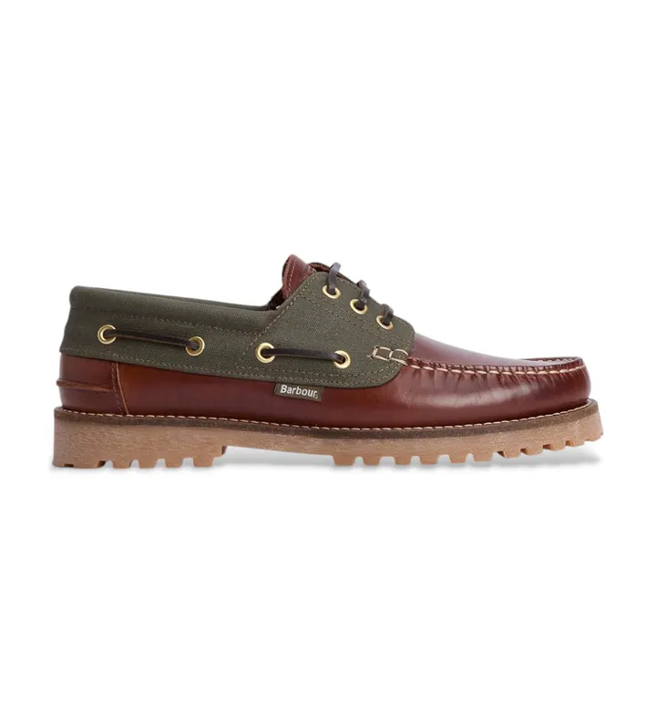 Barbour para hombre. MFO0795 Náuticos de Piel Deck Boat marrón, verde (41), Plano, Cordones, Casual