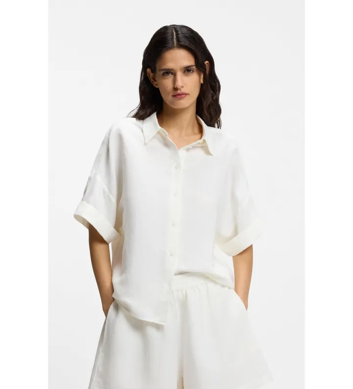 BOSS para mujer. 50559261 Camisa Bisenas blanco (L), Casual, Fiesta, Lino, Clásico, Manga corta