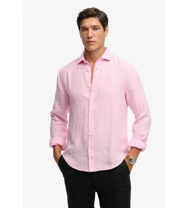 Superdry para hombre. M4011103A Camisa Riviera Lino rosa (L), Casual, Clásico, Manga larga