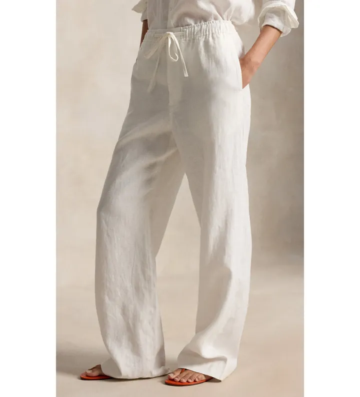 Polo Ralph Lauren para mujer. 211A12949001 Pantalón de lino con cordón beige (L), Casual
