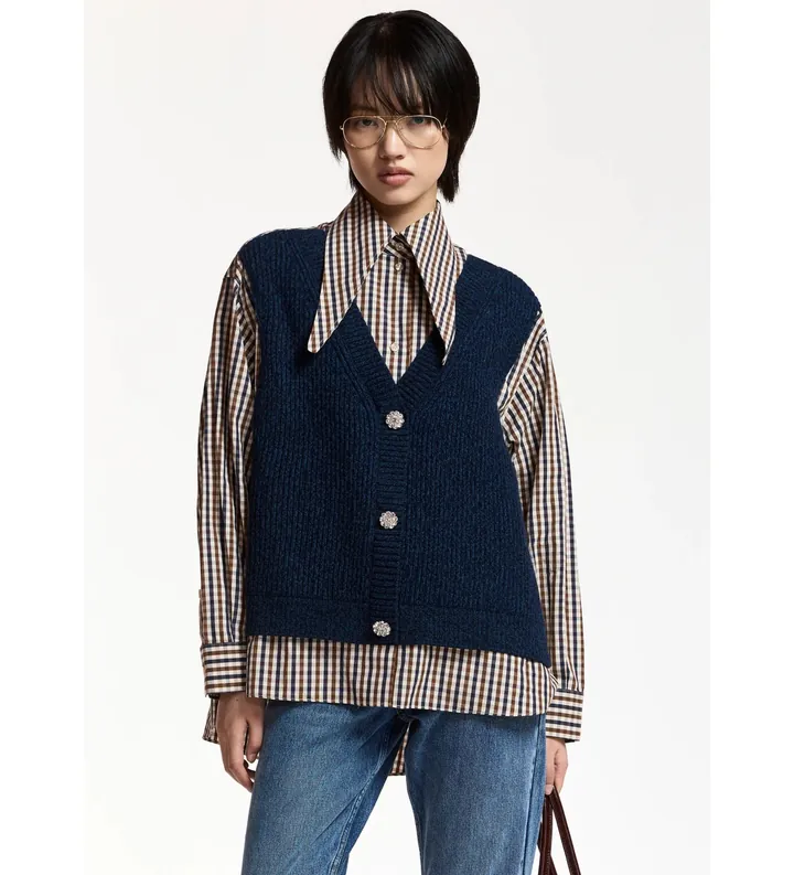 Essentiel Antwerp para mujer. KUTE Camisa con chaleco de punto integrado marino (XS), Casual, Algodón, Manga larga