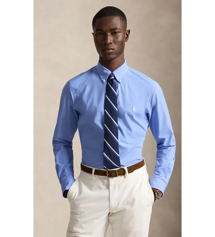 Polo Ralph Lauren para hombre. 710929349501 Camisa de popelina elástica Custom Fit azul (L), Casual, Algodón, Manga larga