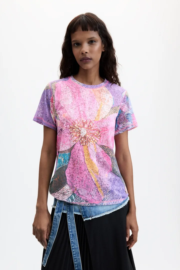 Desigual, Camiseta Estampada Flores, Mujer, Rojo, L