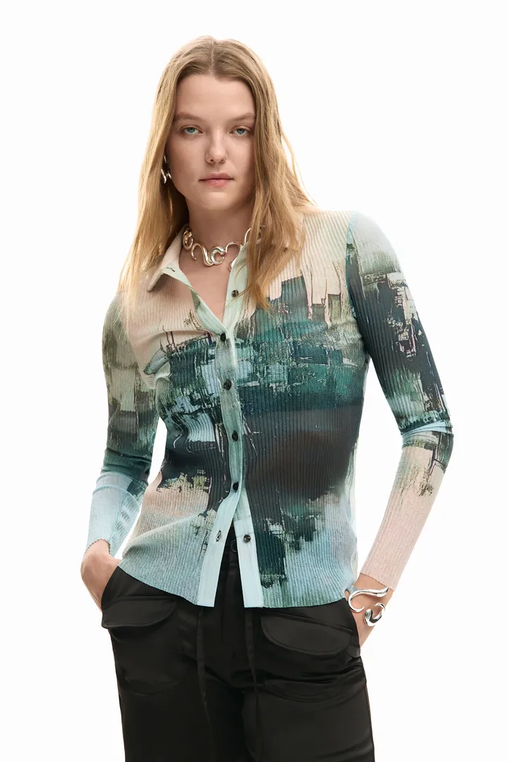 Desigual, Camiseta abotonada textura, Mujer, Poliester, Negro, L