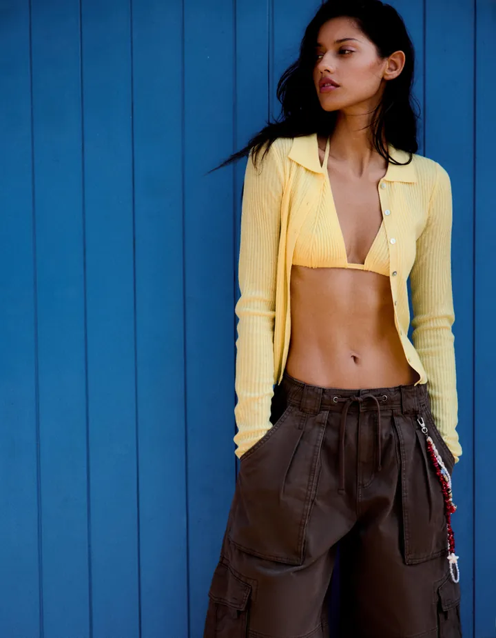 Bershka Chaqueta Punto Fino Cuello Polo Mujer L Amarillo