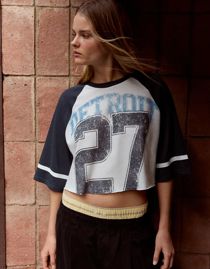 Bershka Camiseta Manga Corta Ranglan Print Mujer L Blanco Roto